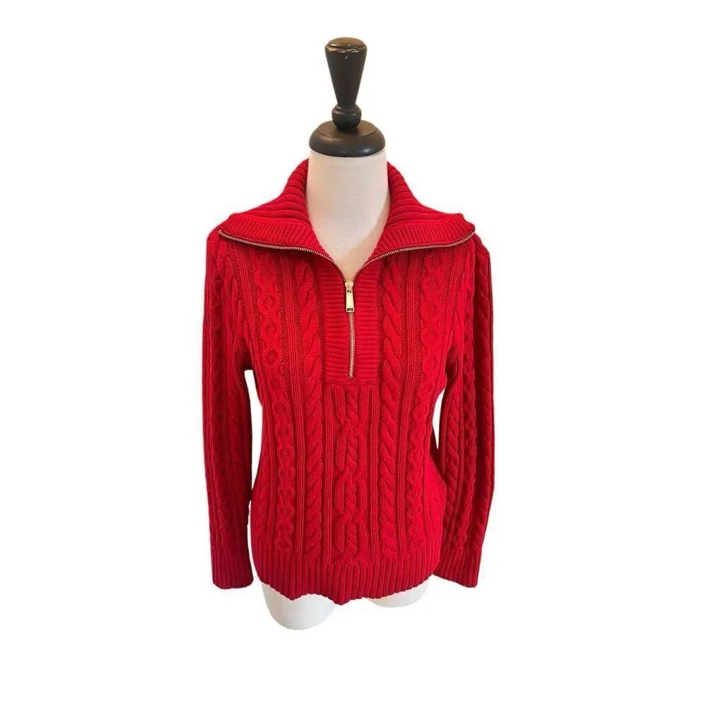 Lauren Ralph Lauren Women's Cable Knit Funnel Neck 1/4 Zip Sweater Red Medium